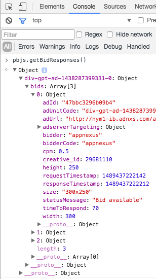 pbjs.getBidResponses() pbjs.getBidResponses() in browser console